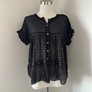 Max & Studio Crew Neck Blouse Slouchy Short Sleeve Ruffle Embroidered Eyelet Min